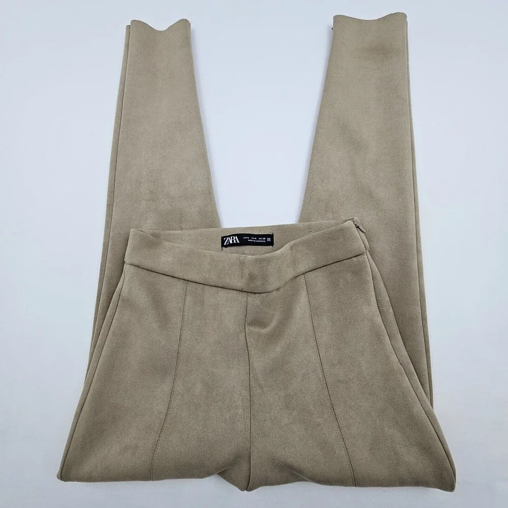 Zara Women Faux Suede Leggins Size Small Color Brown Tan Elastic Waistband Comfy - Picture 2 of 13